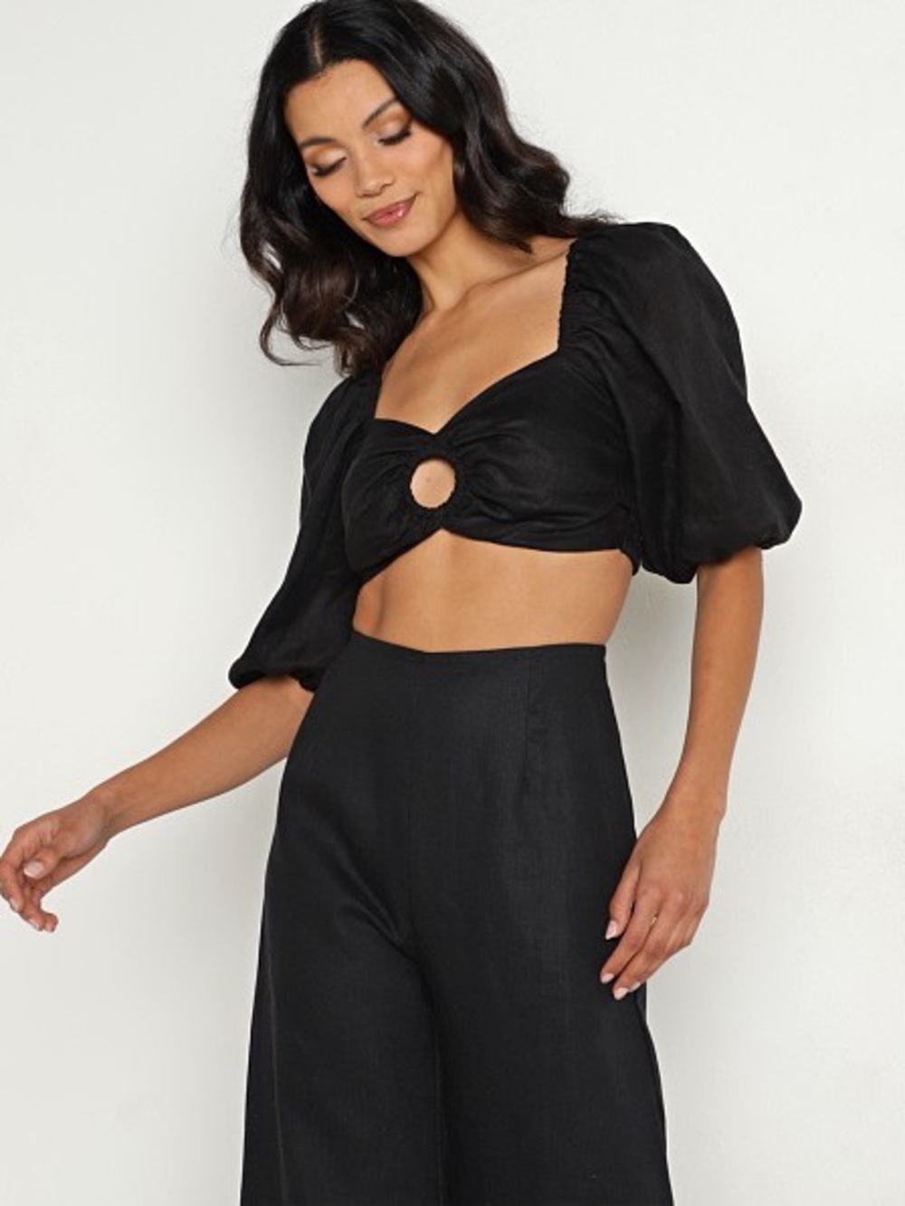 Faithfull the Brand Black Puff-Sleeve Cropped Top with Circle Ruche
